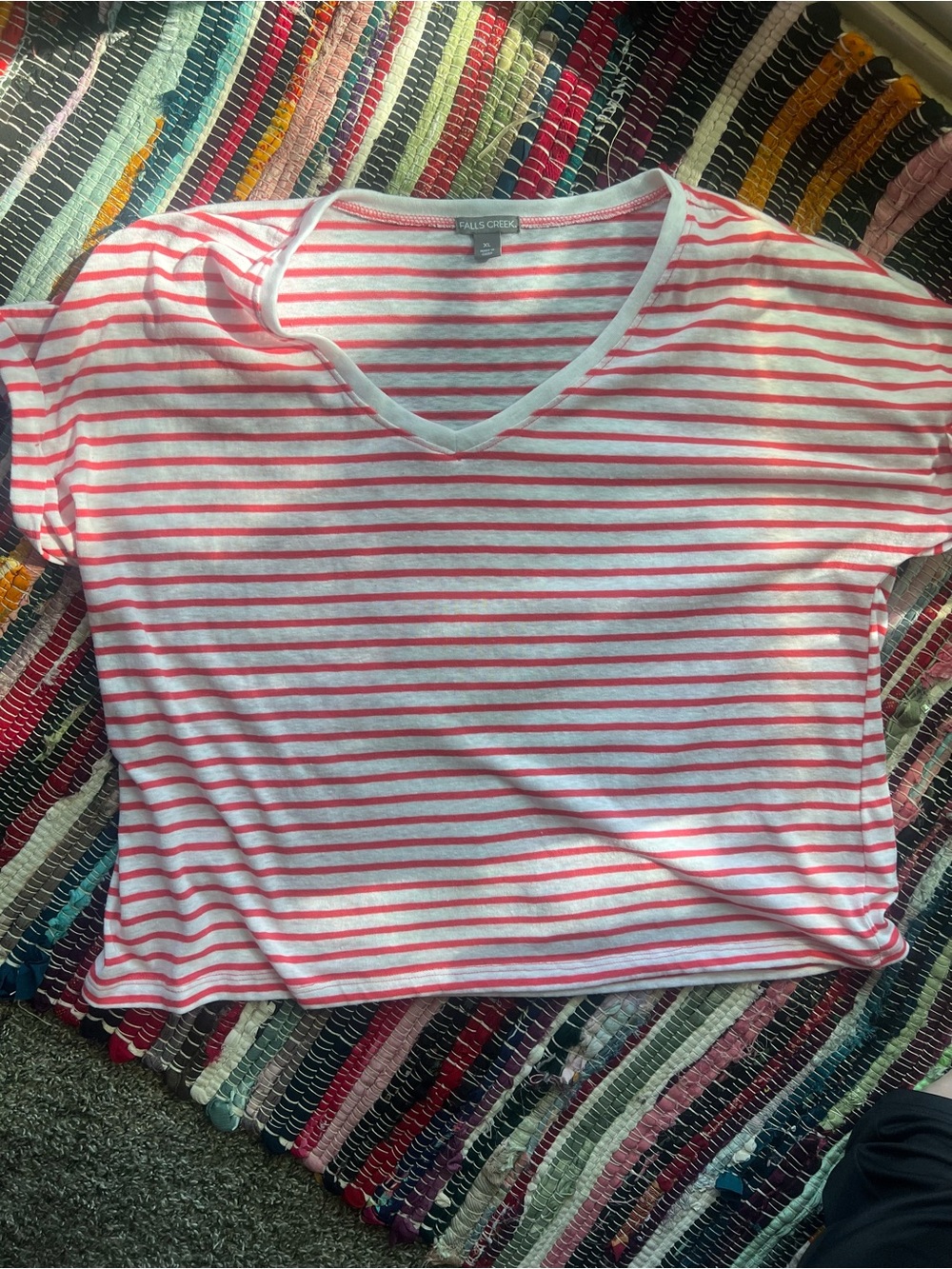 Falls Creek Pink & White Striped V-Neck Tee